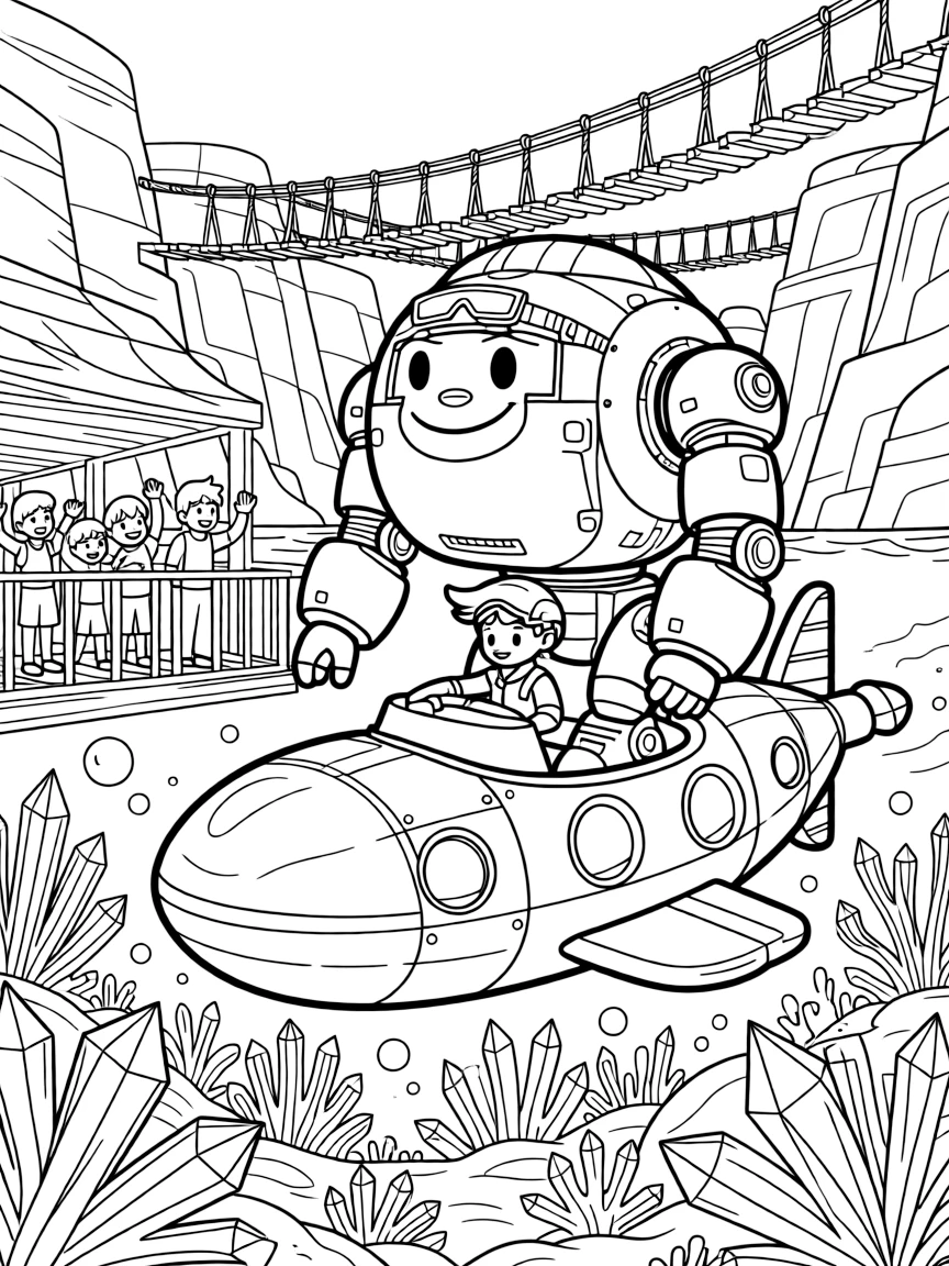 In a canyon planet crisscrossed with ziplines and rope bridges, young pilot Rex riding inside the friendly giant mech Cosmo Crusher piloting a submarine through a coral reef made of crystal, while a group of kids waving from a nearby observation deck adds to the excitement.