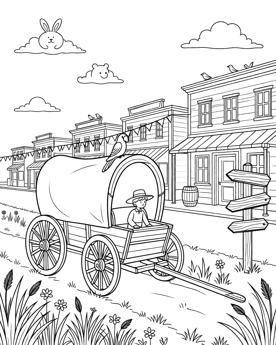 This page centers on a covered wagon with wooden wheels crossing the prairie exploring a small town main street decorated with fluttering flags, featuring a parrot perched on the captain's shoulder and little extras like fluffy clouds shaped like animals drifting overhead and an old wooden signpost pointing to faraway towns.