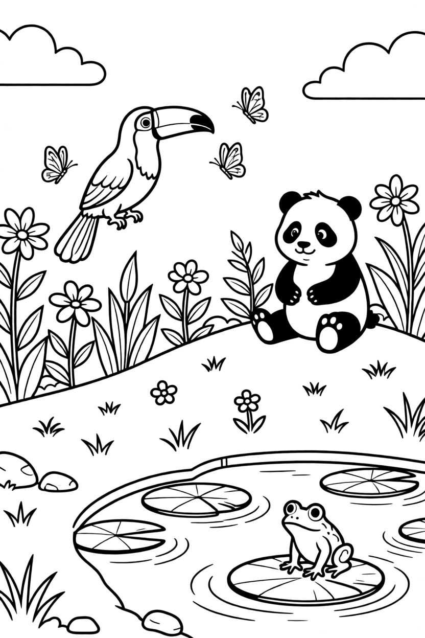 A toucan chasing butterflies through the garden with a panda cub on a mountaintop meadow, near a lily pad pond, while a curious frog watches from a lily pad.