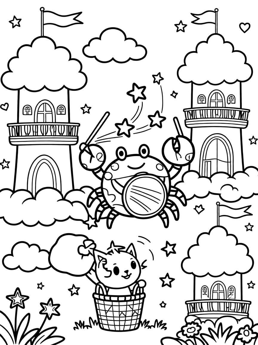 In a cloud kingdom with fluffy white towers, a brave crab drummer discovers the joy of juggling glowing stars pulled from a sack, while a curious kitten peeking out from a basket watches happily nearby. Warm smiles and happy cheers fill the scene.