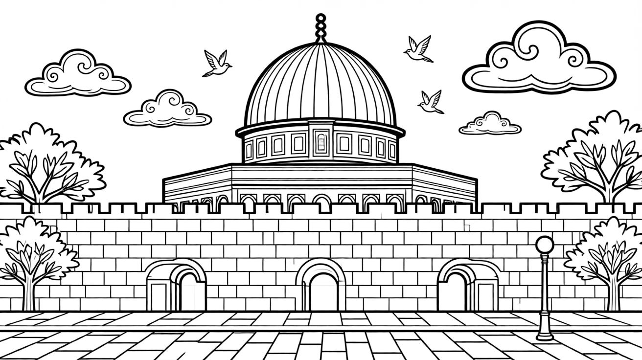 A coloring page celebrating Israel featuring the golden Dome of the Rock shining above the old city walls, with a few small birds in the sky and friendly clouds nearby.