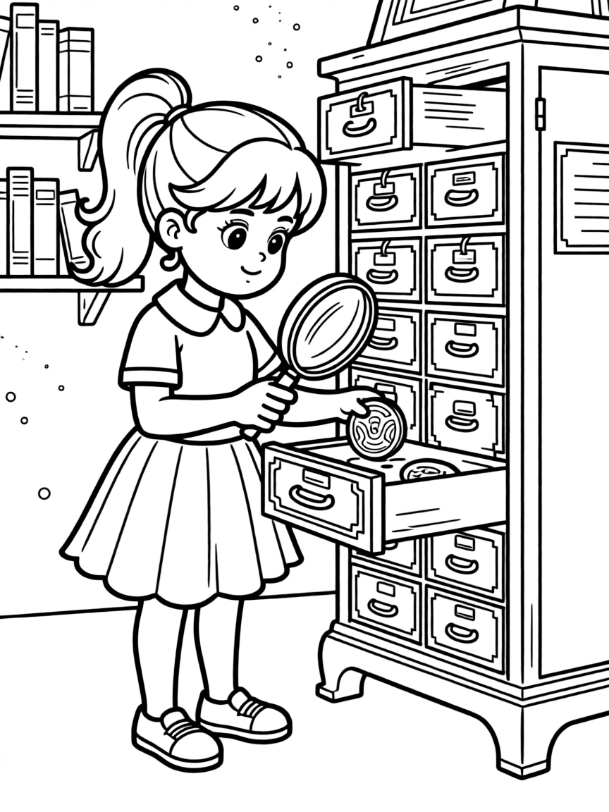 an adventurous young girl holds a magnifying glass over an old coin found in a dusty museum drawer.