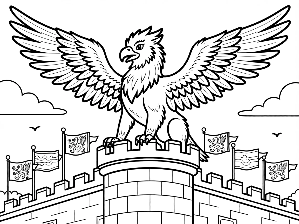 A griffin perches proudly on a castle parapet, wings spread wide, as banners bearing its image wave below in a royal procession.