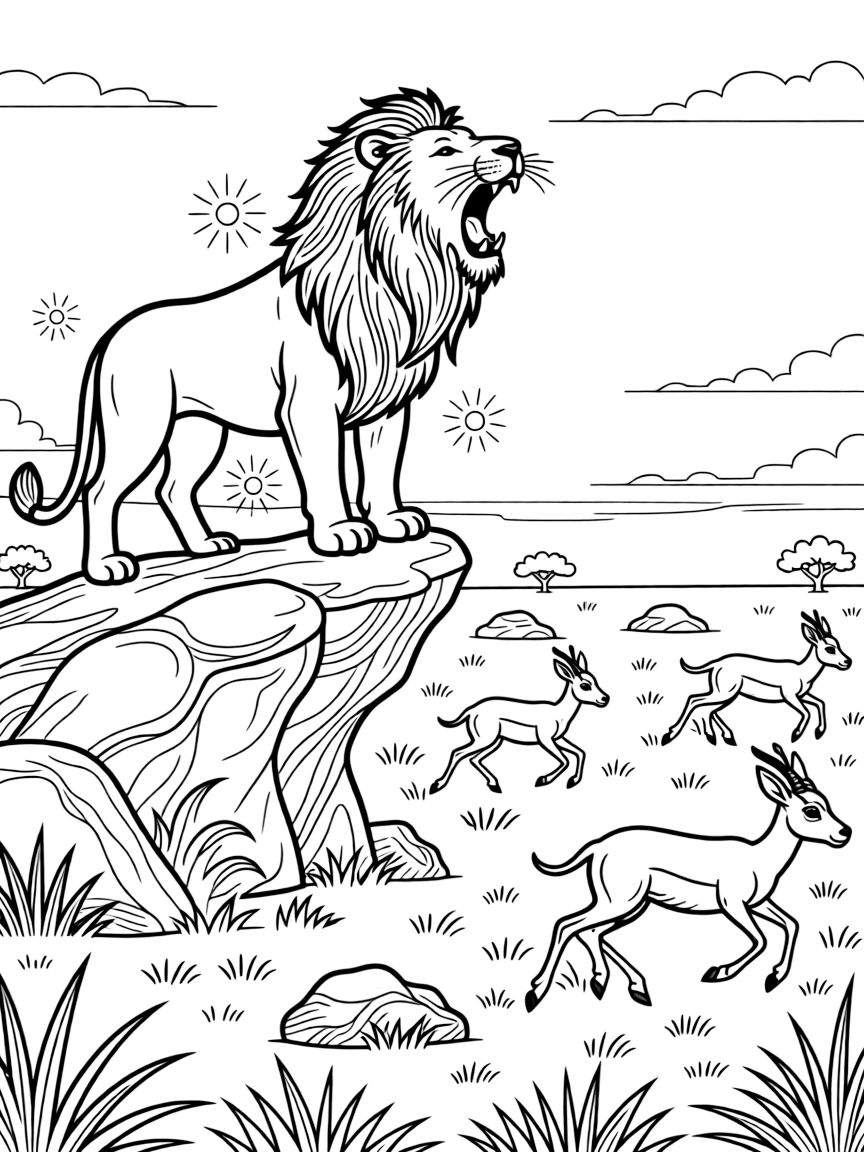 [Wild Animals] a majestic lion roaring atop a rocky outcrop on the African savanna, gasping in amazement. Nearby, a herd of gazelles bounds across the plain. Its fur pattern adds interesting texture to color. The scene is captured at sunset, with fireflies beginning to glow, giving the page a lively and adventurous feel that invites plenty of colorful detail.