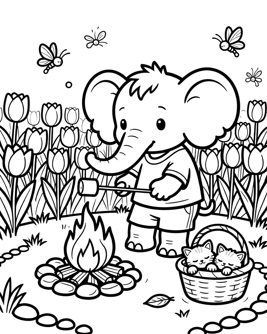 A baby elephant with big flapping ears is roasting marshmallows over a crackling campfire in a tulip field in full bloom. Nearby, twinkling fireflies rising into the air and a basket of sleepy kittens curled together bring the scene to life.
