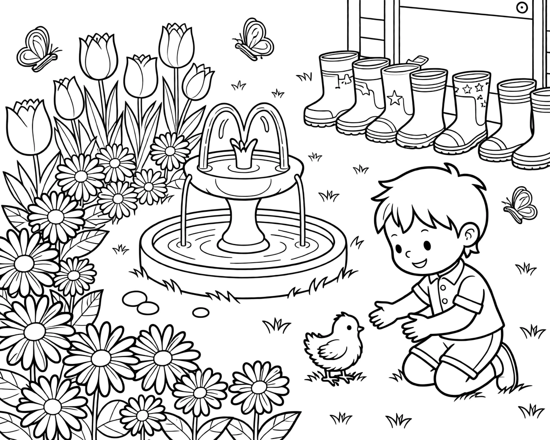 A garden of flowers planted together in a green park with a bubbling fountain, with a curious little boy playing close by amid a fuzzy baby chick and a row of rain boots by the door.