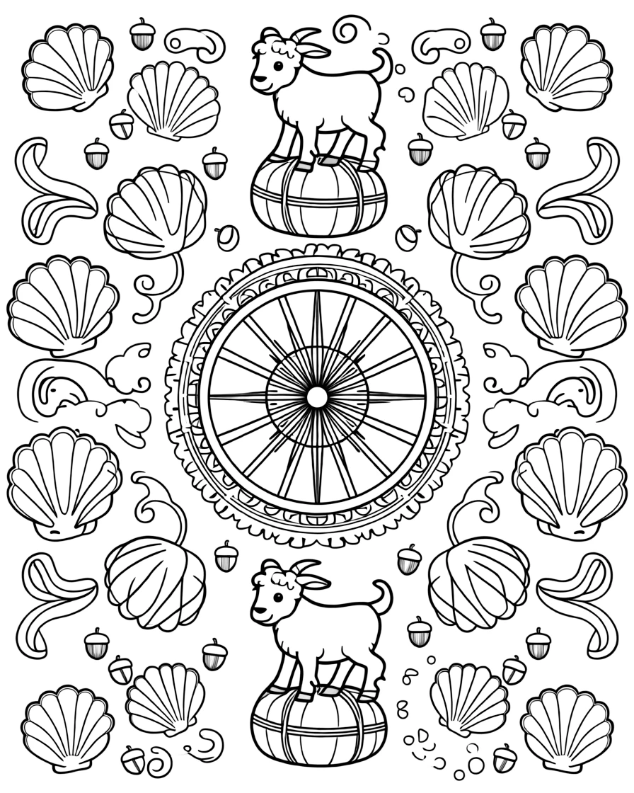 Farm Animals: The page presents a small themed scene built around a goat balanced on a small hay bale, tied together by a wheel-spoke mandala radiating from a round hub. The scene is arranged in a mirrored scene, with matching elements balanced on the left and right halves of the page. Decorative details fill the surrounding space, including overlapping scalloped shells, loops of ribbon curling back on themselves, and clusters of tiny acorns woven throughout the background. A playful extra touch completes the page: a few tiny footprints trailing off toward one edge of the page.