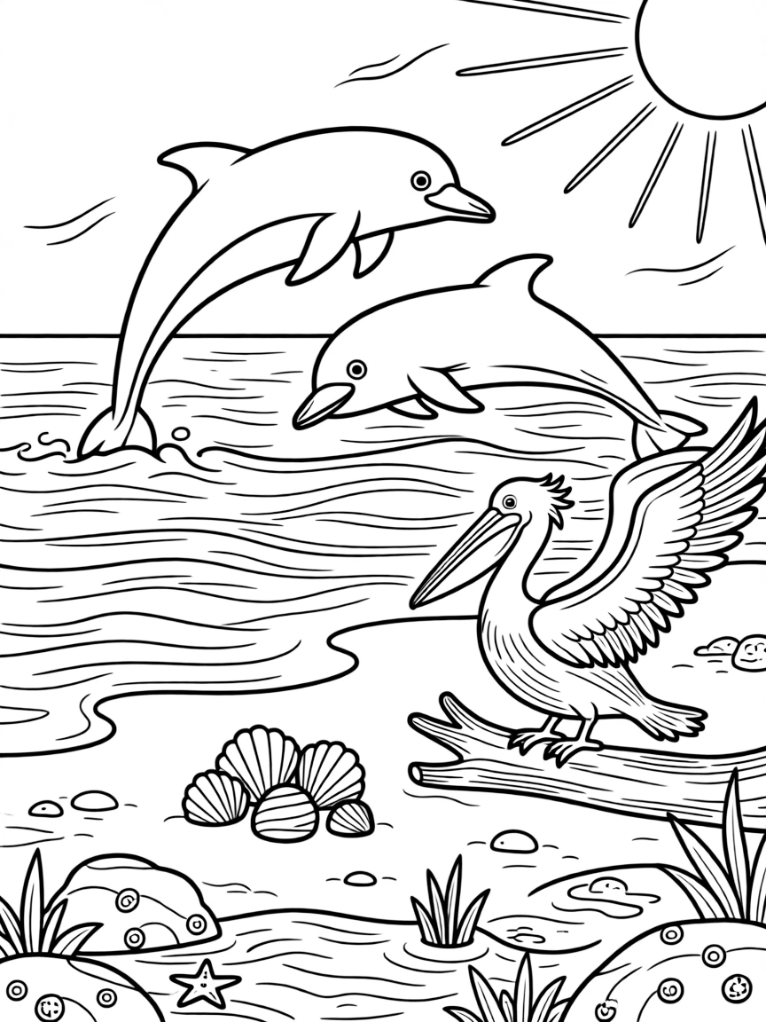 [Sandy Beaches] Two dolphins leap playfully through the waves just beyond the shoreline. A pelican perches on a weathered piece of driftwood near a cluster of seashells. Rolling waves crash near a cluster of smooth rocks dotted with barnacles and tide pools. A warm breeze carries the scent of salt water beneath a bright midday sun.