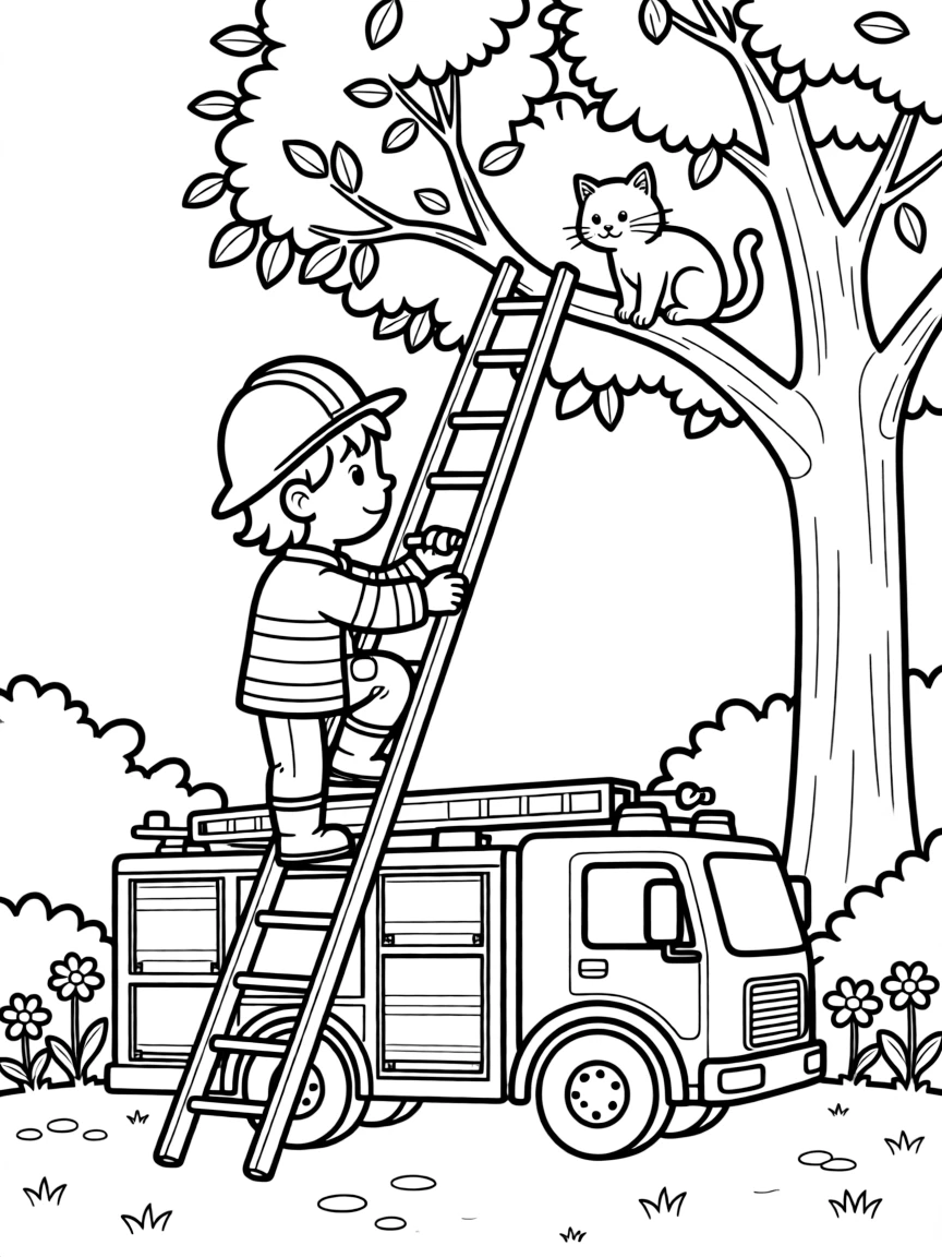 A firefighter climbs a tall ladder truck to rescue a cat stuck in a tree.