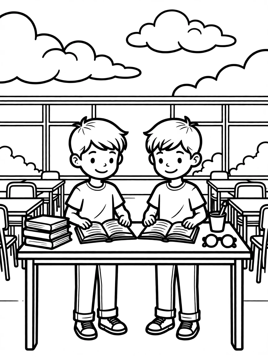 Twin brothers checking out books at the library desk at the school cafeteria while fluffy clouds drift by.