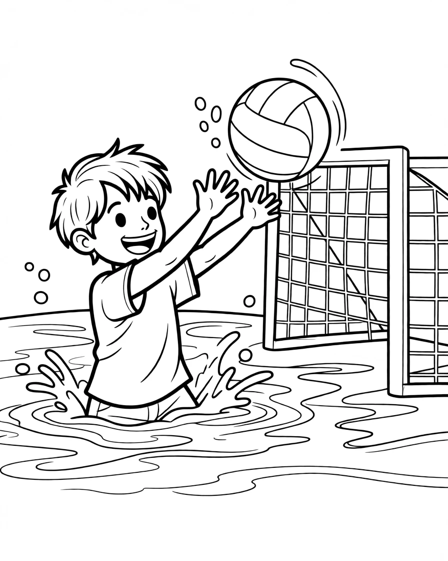 A cheerful young boy, treading water while throwing the ball hard toward the goal.