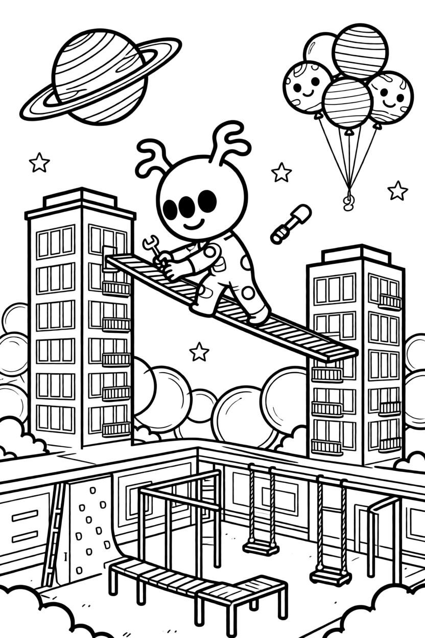 Wobble, a bouncy alien with three eyes fixing a broken light beam bridge between two skyscraper towers near a training academy for young space cadets with obstacle courses, surrounded by a cluster of soap-bubble-like energy shields and a cluster of balloons shaped like planets.