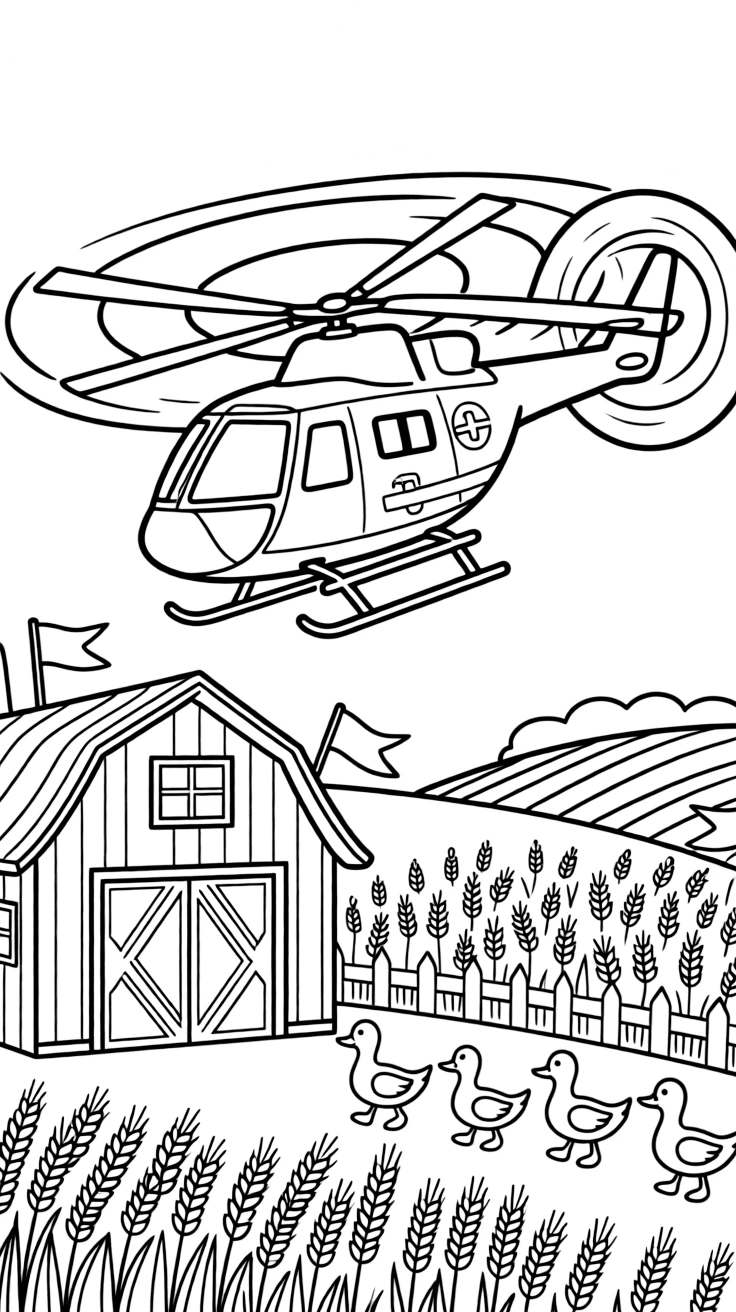 This coloring page shows a rescue helicopter with spinning rotor blades making its way across a sunny farm with a red barn and rolling wheat fields, accompanied by a family of ducks waddling alongside, while colorful flags fluttering from every corner adds extra charm to the scene.