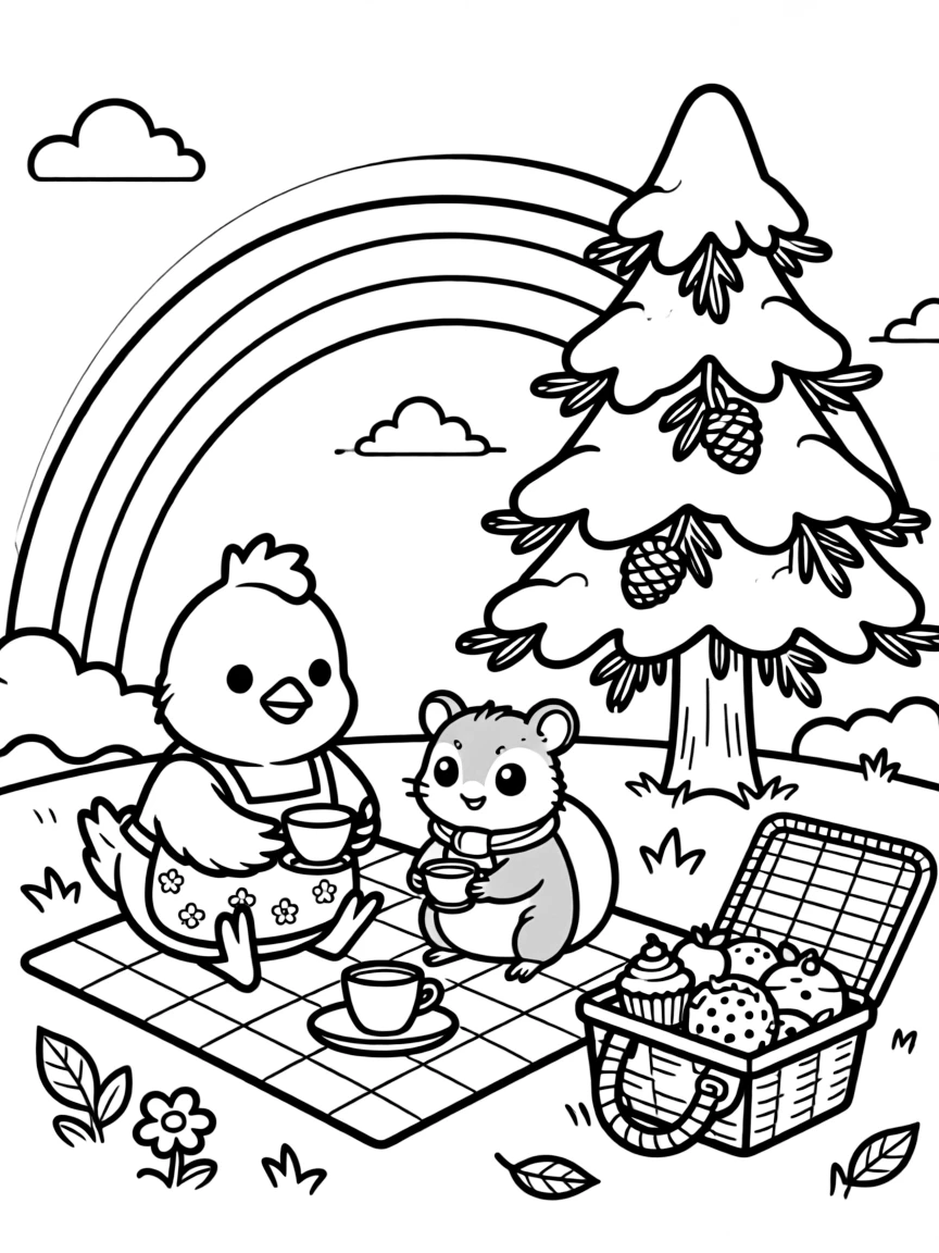A chick under a rainbow after the rain, having a tea party with a sugar glider, next to a snow-covered pine tree, with a picnic basket full of treats nearby.