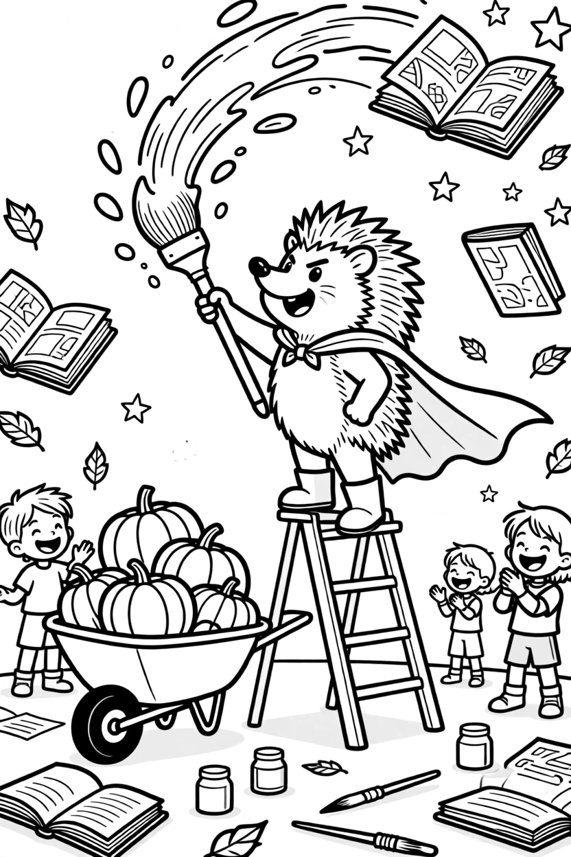 Grumpy-but-lovable and full of excitement, a superhero hedgehog spends the day painting the sky with a giant paintbrush in a magical library where the books float and flutter. Nearby, a wheelbarrow full of freshly picked pumpkins adds to the fun. Everyone is laughing and having the best time.