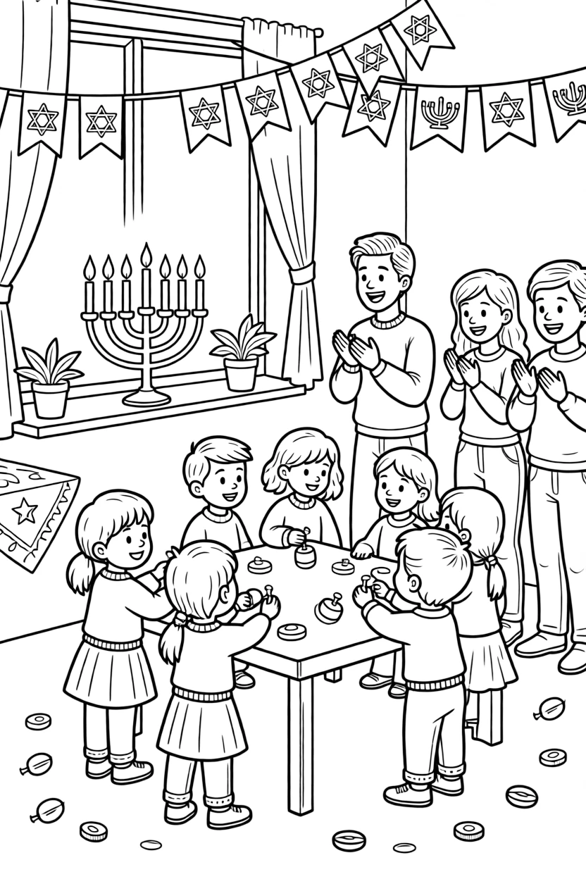 A coloring page showing a lively celebration in Israel with a Hanukkah celebration with a menorah glowing in a window and children spinning dreidels, while families clap and cheer and colorful banners hang overhead.