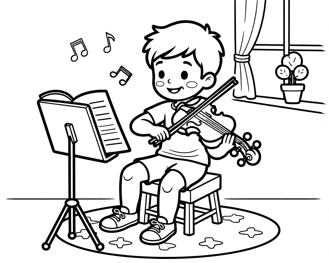 an adventurous little boy plucks the strings of a small violin during a music lesson.