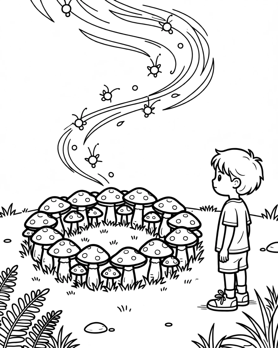 A hidden fairy ring of mushrooms glows faintly at dusk, tiny dancing lights swirling above it in a silent celebration.