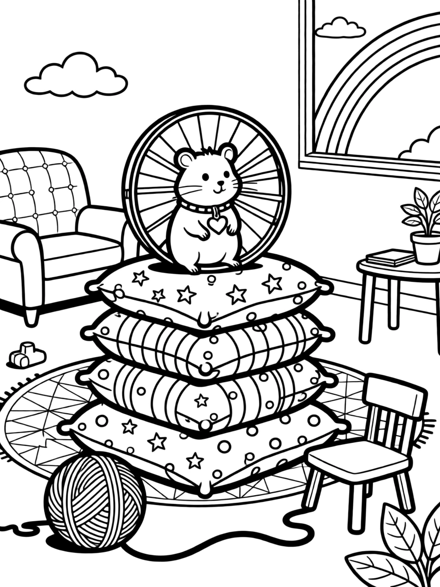[Pets] a small hamster in a wheel climbing over a stack of pillows in a cozy living room. In the background, a ball of yarn rolls across the room, adding extra fun to explore. A collar with a small tag completes the look. It all happens during a bright summer day, with a rainbow arching overhead.