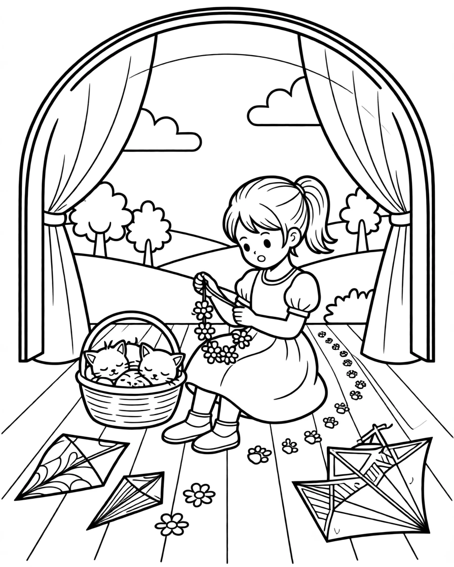 A girl kite-maker gluing colorful paper wings is stringing together a daisy chain necklace inside a puppet theater with a painted backdrop. Close by, a basket of sleepy kittens curled together and a trail of tiny paw prints leading away add a playful, cheerful touch.