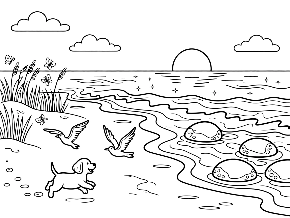 [Sandy Beaches] A little dog chases seagulls along the shore, leaving a trail of paw prints in the wet sand. Butterflies drift over beach grass growing along the edge of the dunes. Rolling waves crash near a cluster of smooth rocks dotted with barnacles and tide pools. The sun sparkles across the gentle waves beneath a sky dotted with fluffy clouds.