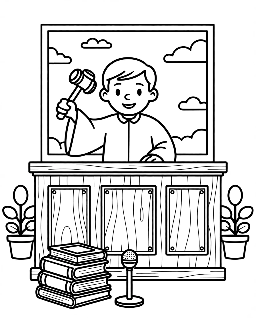 A judge bangs a gavel behind a tall wooden bench in a courtroom.