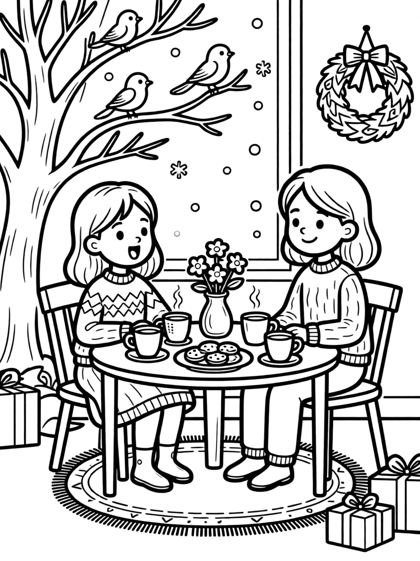 A dreamy-eyed girl singing around a table during a winter holiday morning with a big sister as birds chirp in a nearby tree.