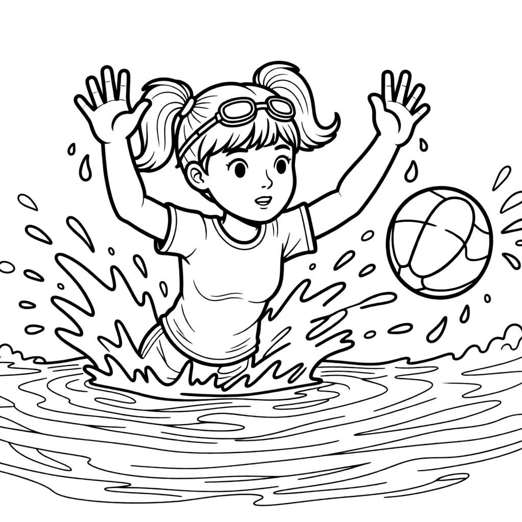 A determined girl with pigtails, blocking a shot as goalkeeper, arms raised above the water's surface.
