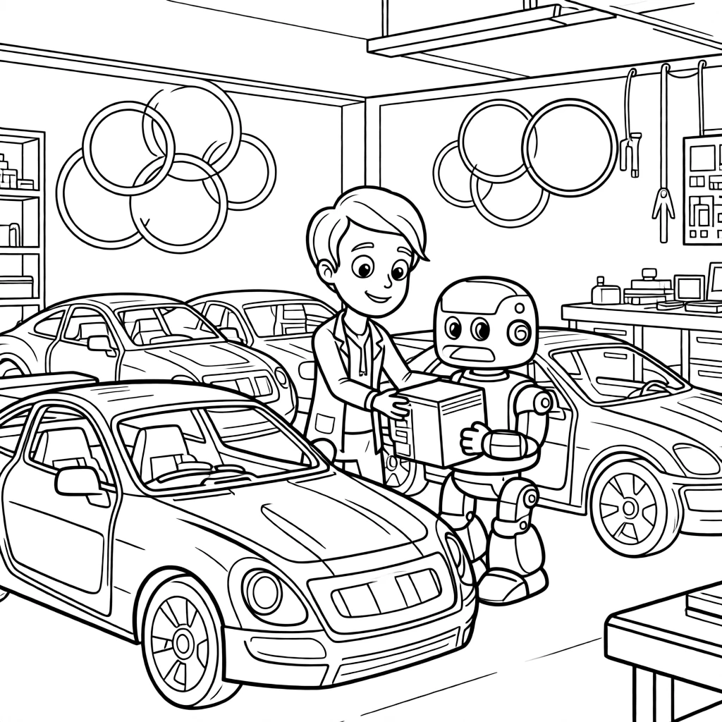 In a workshop garage filled with half-finished hovercars, Trill, a curious alien scientist helping a nervous new robot make its first delivery run, while a cluster of soap-bubble-like energy shields adds to the excitement.