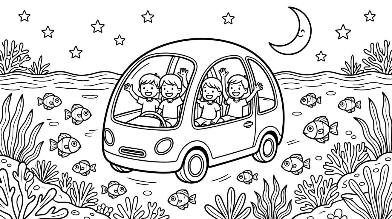 A bubble-shaped self-driving pod car with no steering wheel takes center stage in a coral reef bursting with fish beneath clear blue water, where a group of cheerful kids waving from the windows can be seen nearby, surrounded by twinkling stars and a smiling crescent moon above.