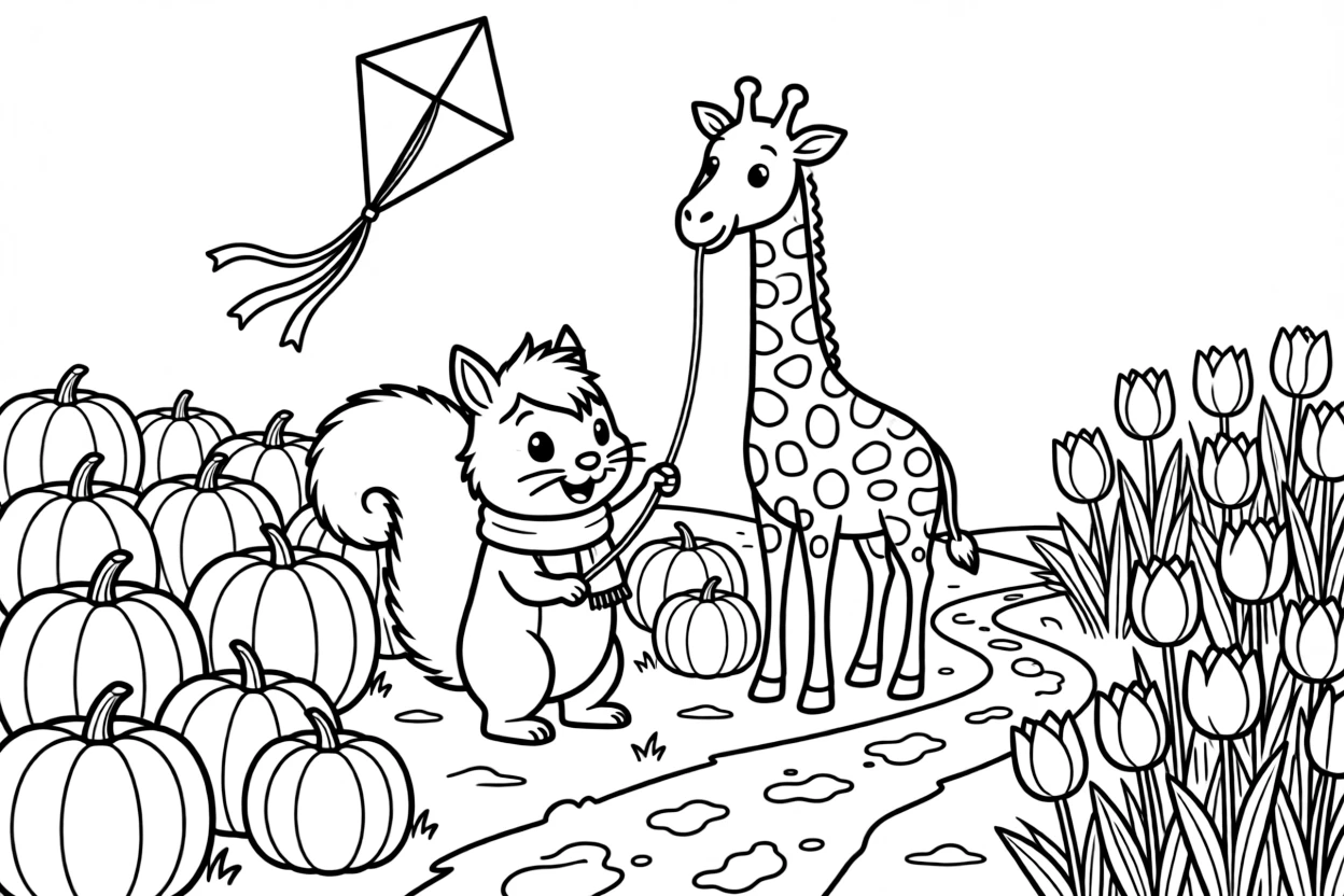 A squirrel in a pumpkin patch in October, flying a kite with a giraffe, next to a bed of tulips, with a trail of tiny footprints in the mud.