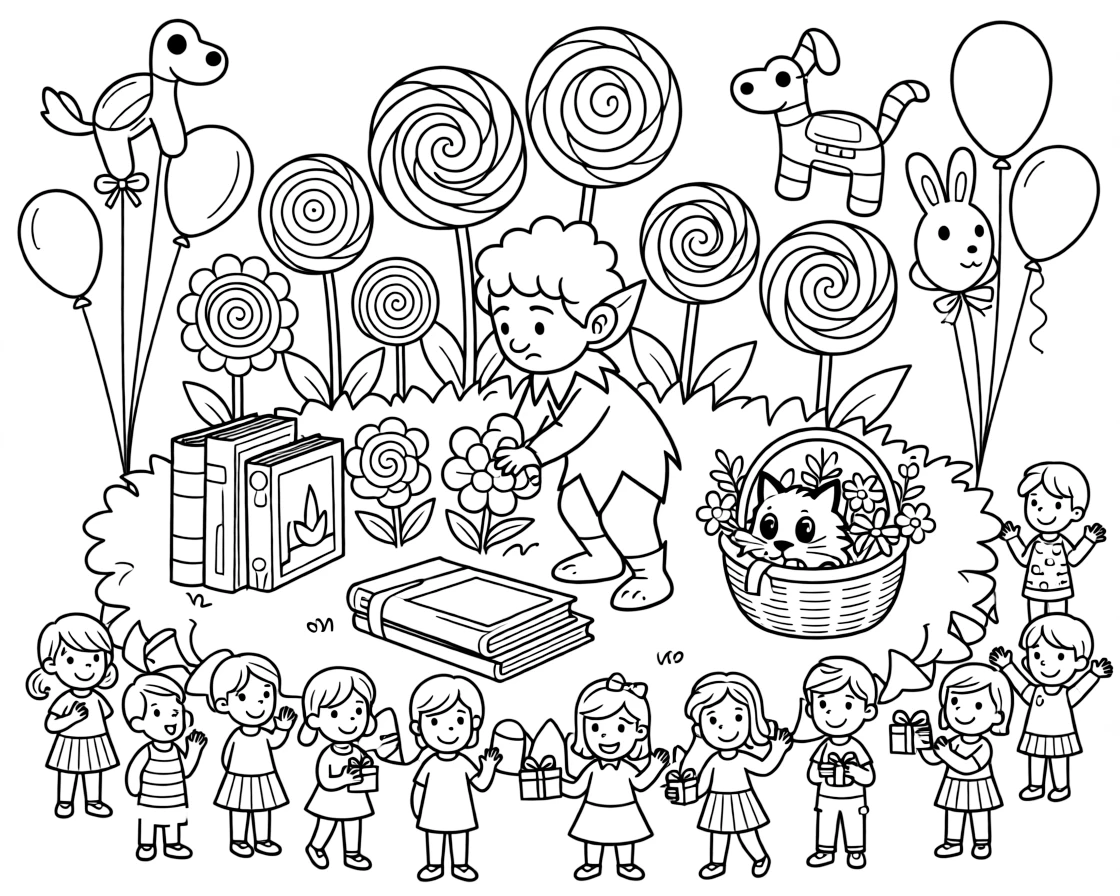 A grumpy-but-lovable acorn elf is planting a garden of lollipop flowers at a birthday party decorated with balloon animals, joined by a stack of picture books tied with ribbon and a curious kitten peeking out from a basket. The whole neighborhood has come out to join the fun.