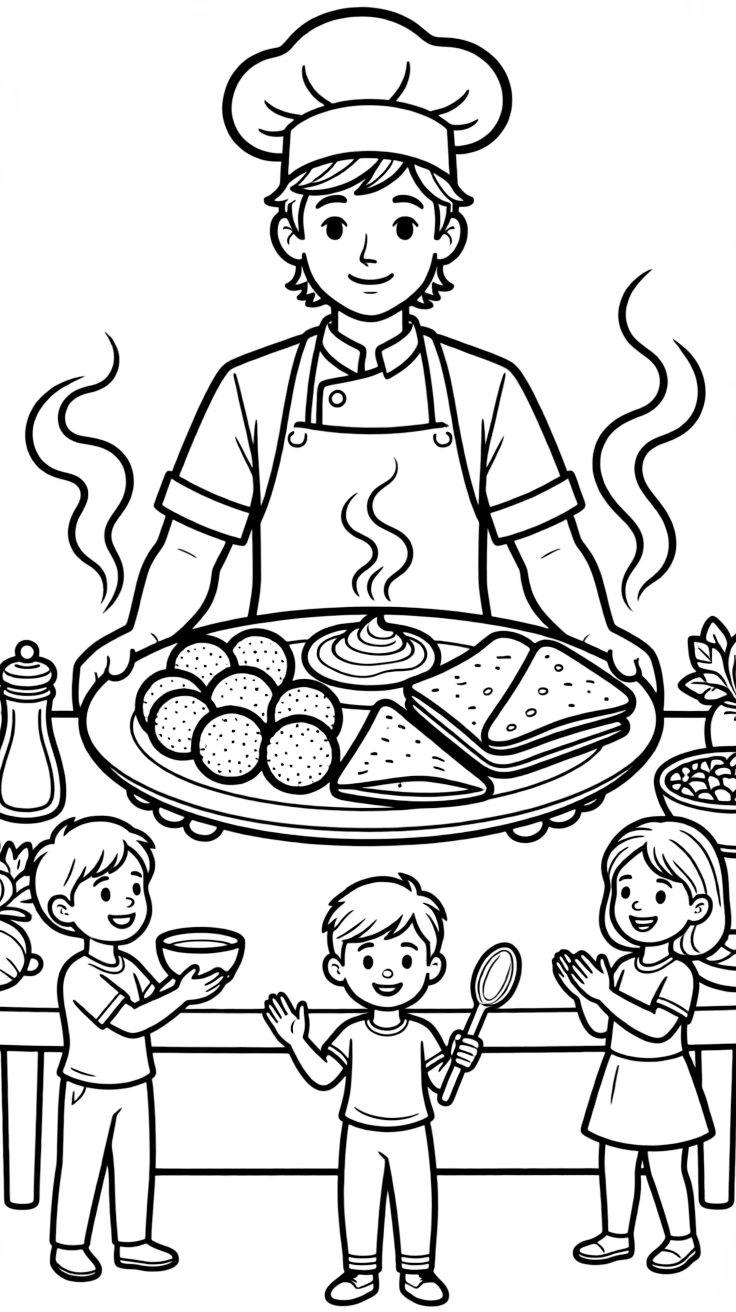 A coloring page of a happy cook in Israel presenting a plate of falafel, hummus, and fresh pita bread, with steam rising and cheerful helpers gathered around the table.