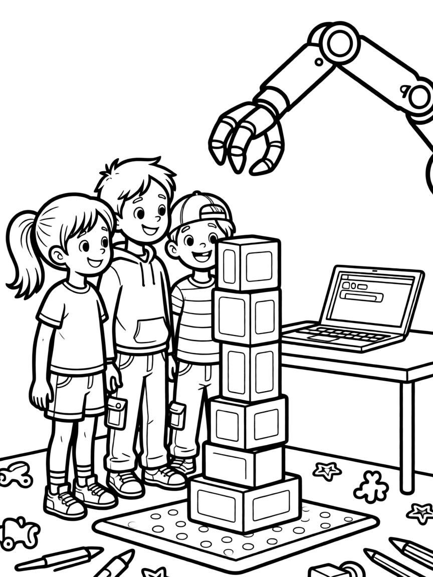 a mischievous group of three kids watches a robot arm stack blocks after typing a simple command.