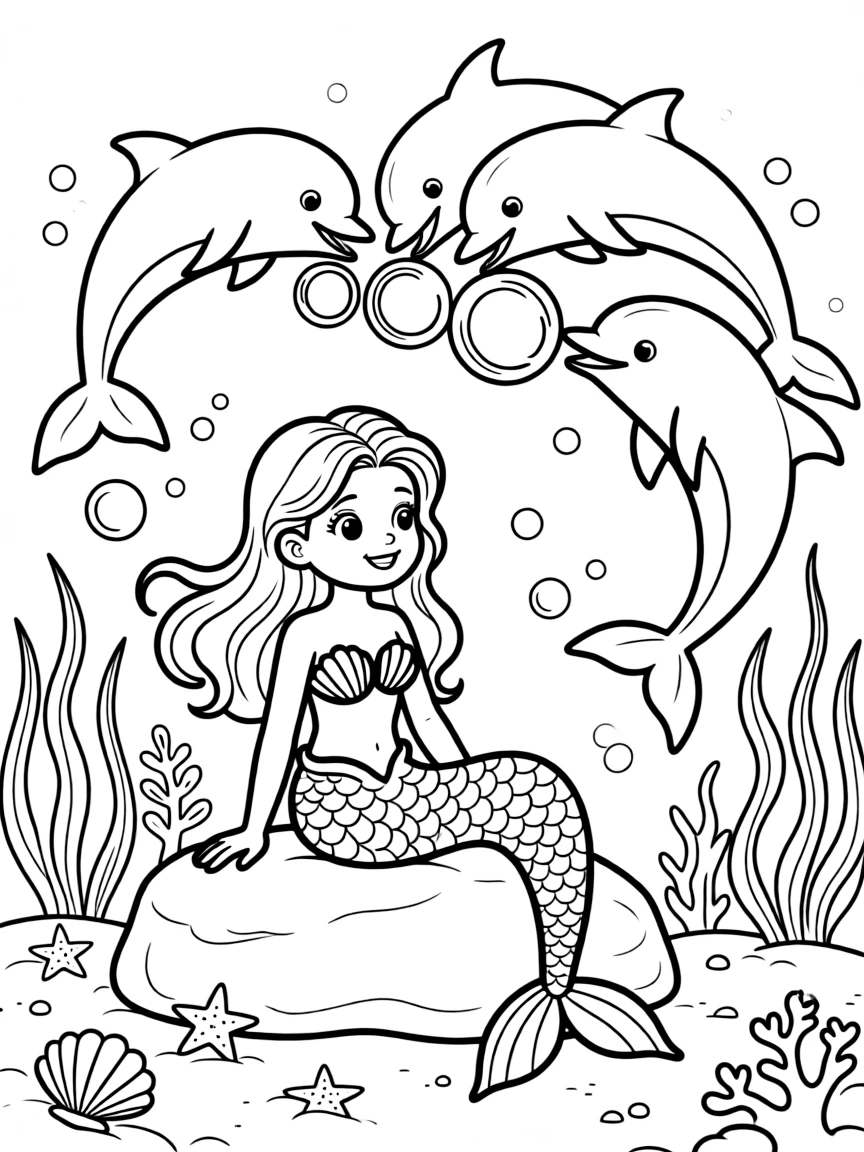 A young mermaid teaches a group of curious dolphins how to blow bubble rings in perfect circles.