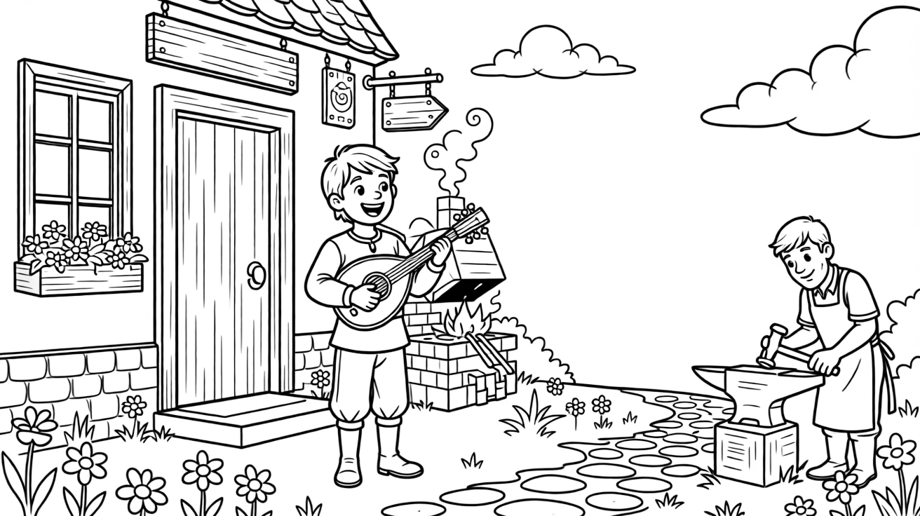 [Medieval Adventures] a traveling minstrel with a lute playing a cheerful tune outside a village blacksmith shop. In the background, smoke rises from the blacksmith's forge, adding extra fun to explore. Wooden signs hang above shop doors. It all happens during a bright summer day, with fluffy clouds drifting overhead.