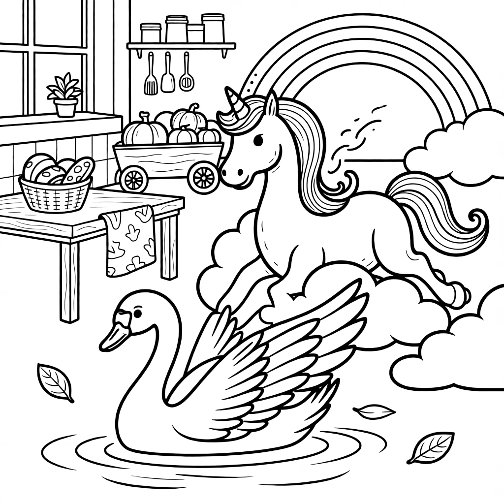 A graceful swan gliding on the water is flying through fluffy clouds on a friendly unicorn in a cozy kitchen filled with the smell of fresh bread. In the background, a wagon piled high with pumpkins and a soft rainbow arching overhead round out the happy picture.