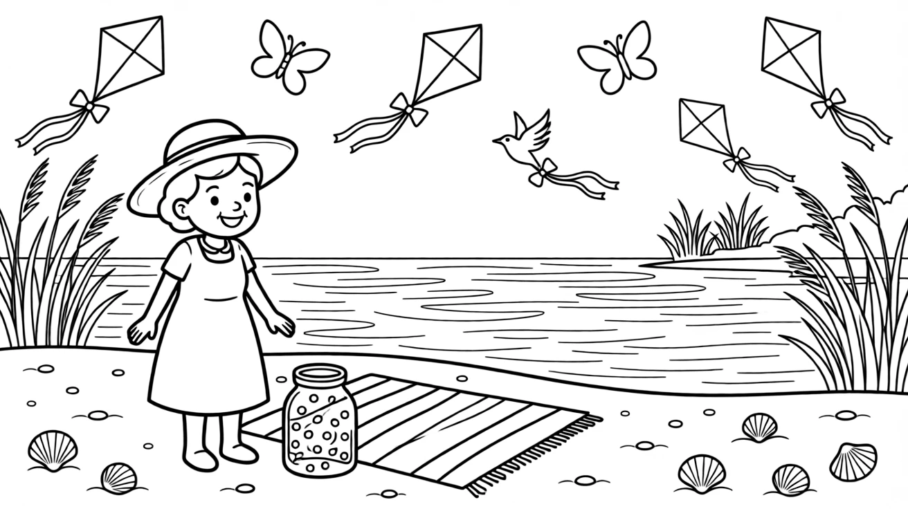 A beach full of colorful kites dancing in the wind by a sparkling lake surrounded by tall grass, alongside a cheerful grandmother and a beach towel spread on the sand, with a jar full of fireflies close by.