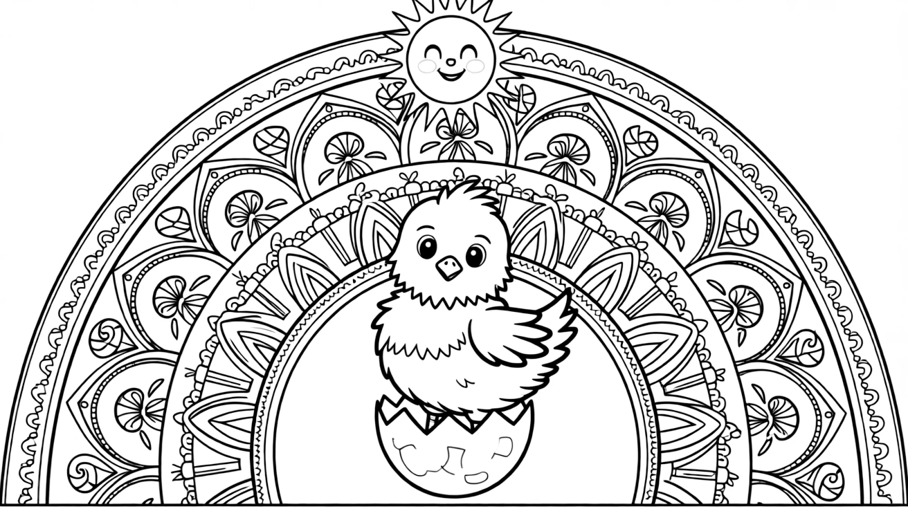 Farm Animals: The main subject is a chick just hatched from a cracked egg, drawn as the focal point of an arched dome mandala built from layered nested arches. It is placed dead center, with the surrounding rings mirrored perfectly across every direction. Decorative details fill the surrounding space, including delicate lace-edged fringes, loops shaped like small bows, and tightly coiled spiral shells woven throughout the background. A playful extra touch completes the page: a friendly round sun peeking in from behind the top edge.
