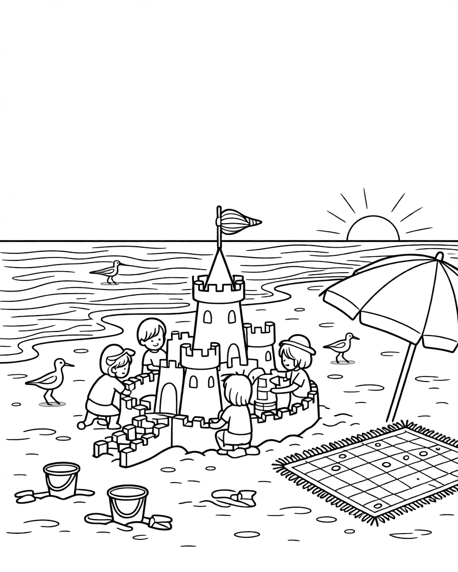 [Sandy Beaches] A group of children build an elaborate sandcastle complete with towers, a moat, and a seashell flag. Sandpipers dash along the shoreline, chasing the retreating waves. A striped beach umbrella and a woven picnic blanket sit near a row of overturned buckets and shovels. Golden sunset light glows across the sand as the tide slowly rolls in.