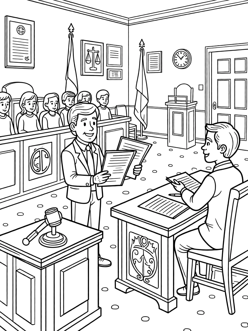 A lawyer presents documents to a jury inside a busy courtroom.
