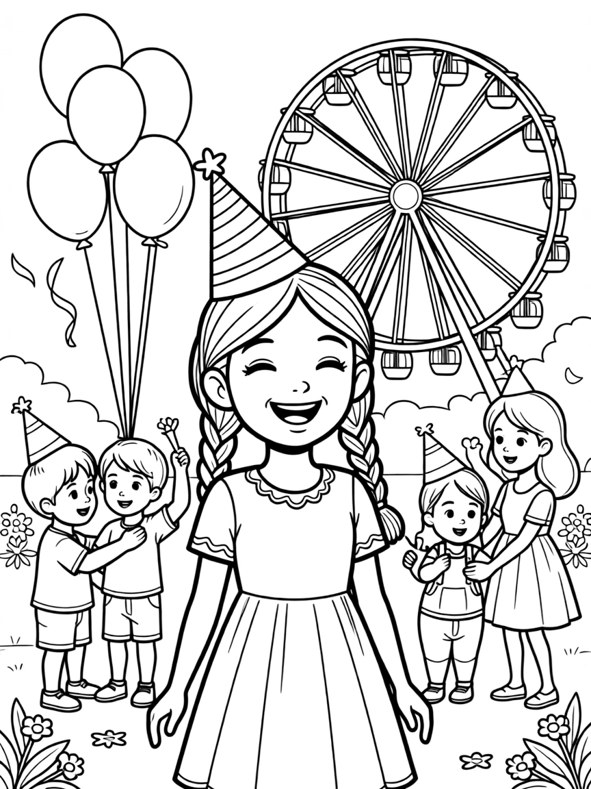 A girl with braids wearing a paper party hat during a wedding celebration with cousins of all ages while a ferris wheel spins in the distance.
