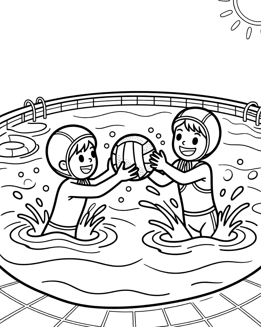 A pair of best friends, passing the ball quickly to a teammate during a fast-paced scrimmage in the pool.