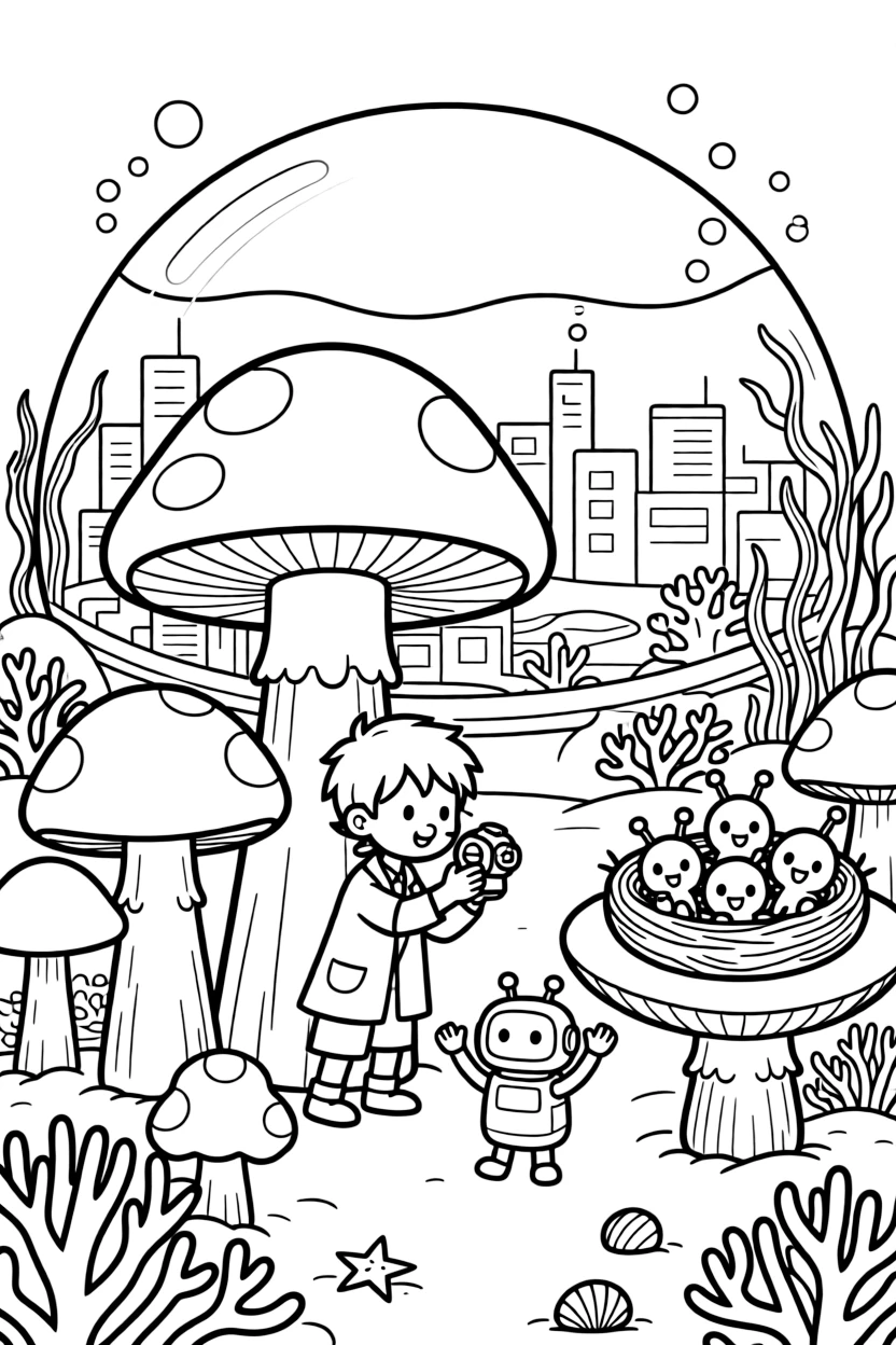 Inventor kid Juno testing a mini weather machine playing hide and seek among giant mushroom towers on an alien world in an underwater dome city surrounded by coral reefs, as a small robot sidekick cheering and a nest of baby alien creatures chirping happily fill the scene.