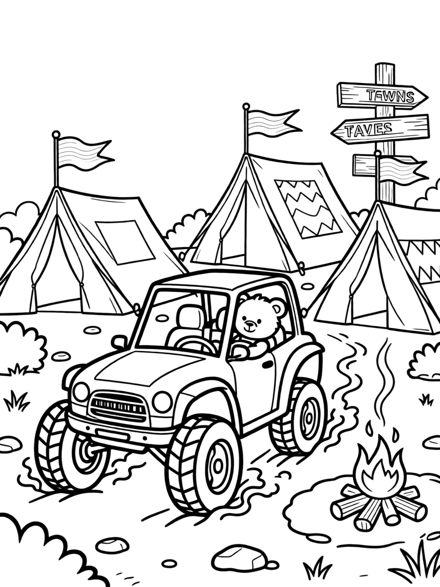 In this scene, a dune buggy kicking up trails of sand is the star of a cozy campground with tents and a crackling campfire, joined by a teddy bear buckled safely into the passenger seat, with colorful flags fluttering from every corner and an old wooden signpost pointing to faraway towns scattered throughout for kids to color.