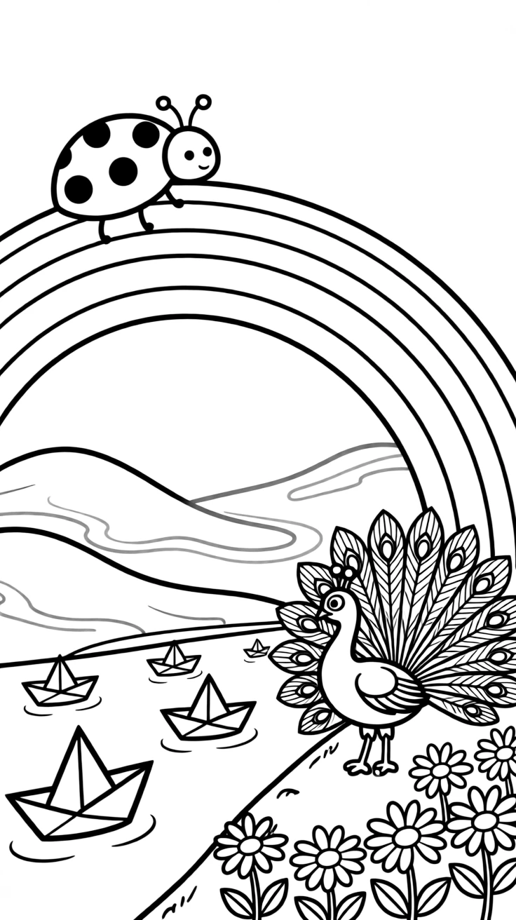 A ladybug under a rainbow after the rain, floating paper boats down a stream with a peacock, next to a bed of daisies, while morning fog rolls over the hills.