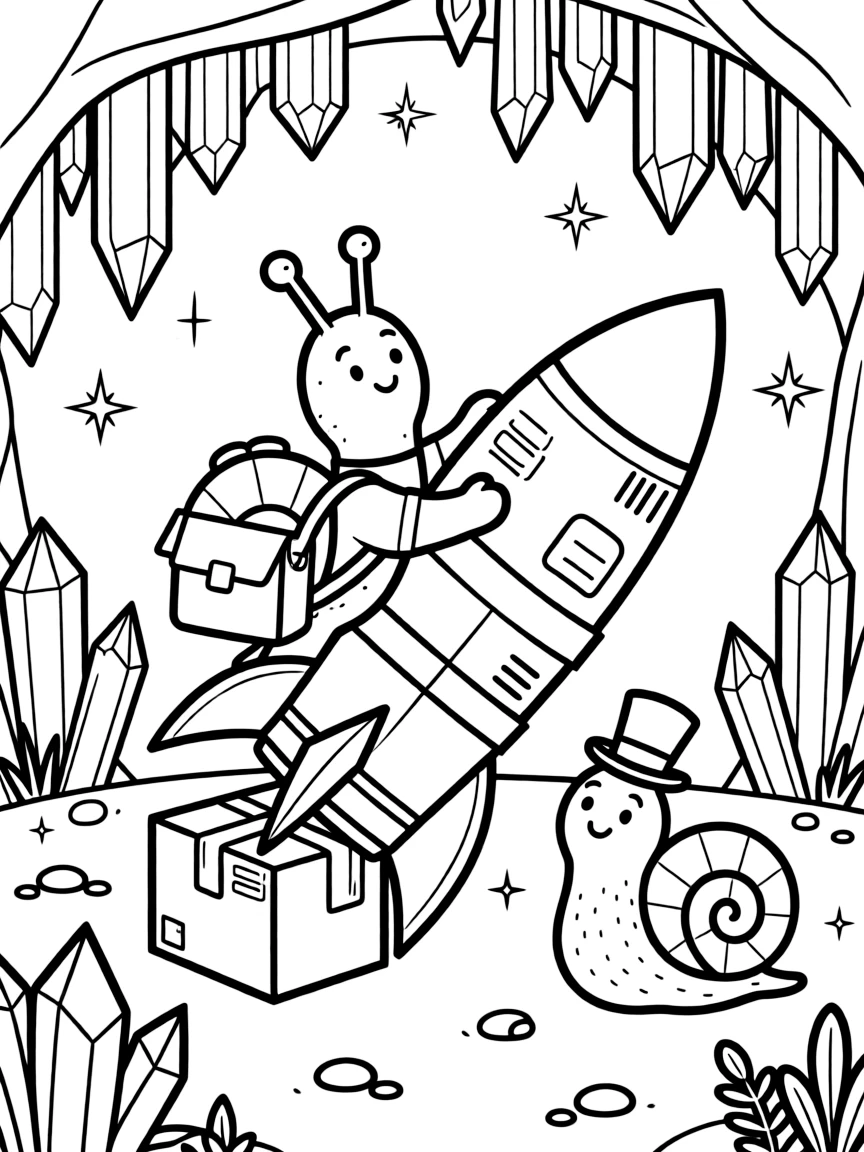 In a cavern glittering with crystal formations, a fluffy snail mail carrier discovers the joy of building a rocket out of cardboard boxes, while a snail wearing a tiny top hat watches happily nearby. It feels like the best day ever for everyone involved.