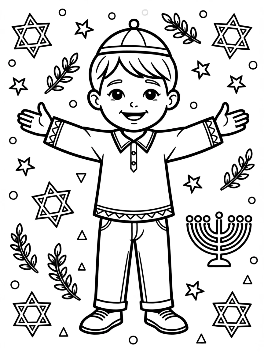 A coloring page portrait celebrating Israel, showing a child wearing festive holiday clothing and a small kippah, standing proudly with arms outstretched and a warm smile, surrounded by simple decorative patterns.