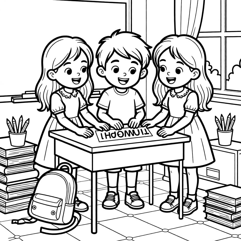 a cheerful group of three kids reads a name tag and finds a seat on the very first day of school.