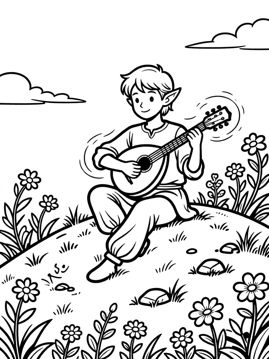A wandering bard elf strums a glowing lute atop a hill, his music causing nearby flowers to sway and bloom in rhythm.